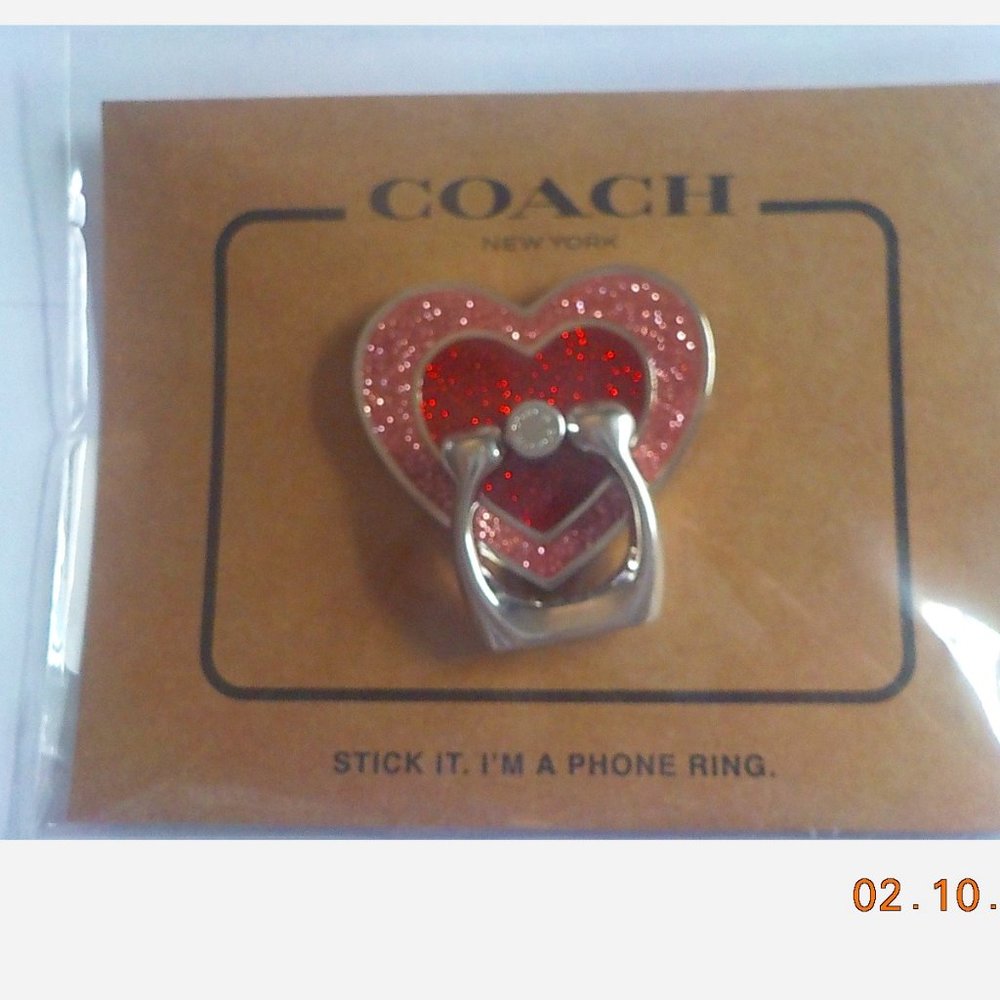 COACH PHONE RING GLITTERING 2 TONE RED HEART NWT VERY UNIQUE RARE